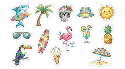 Naklejka premium A vibrant collection of summer icons dolphins palm trees flamingos and tropical delights