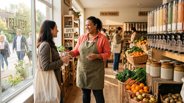 Refill shop owner welcomes a customer into her sunlit store