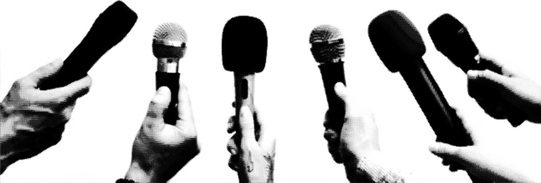 Black and white illustration featuring a press conference microphone group with a stylish halftone dot effect vector design
