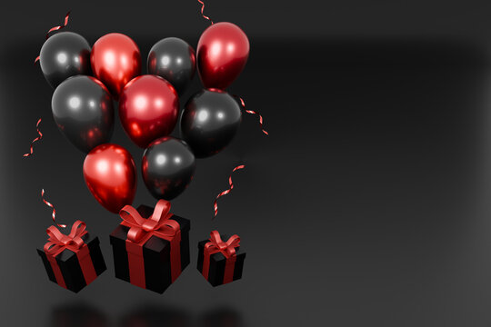 Black Friday Promotion Background with Vibrant Red Balloons, Gift Boxes and Ribbons