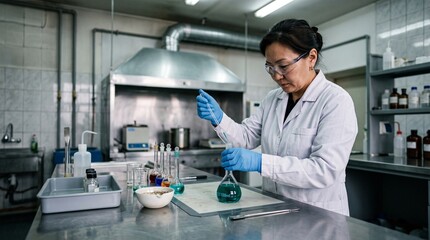 Fototapeta premium Chemist prepares a copper assay solution for mining control