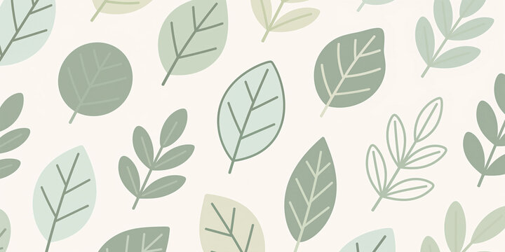 Various shapes and hues of leaves illustrated against a creamy beige base, creating a harmonious nature-inspired pattern in gentle pastel tones.