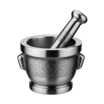 Silver metal mortar and pestle set with textured bowl and handle, on white