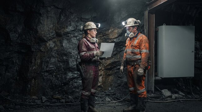 Shift lead briefs a miner in an underground work chamber