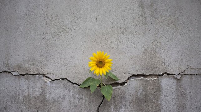 Resilience and hope, a single yellow sunflower emerges through a crack in a grey concrete wall, symbolizing resilience and hope