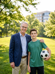 Naklejka premium Vertical portrait of a senior man and a teenage boy holding a soccer ball on green grass. Grandfather and grandson standing together in a sunny park