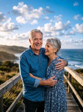 Vertical portrait of a happy senior couple embracing on a coastal boardwalk. Smiling older Caucasian man and woman laughing by the ocean. Romantic retirement vacation