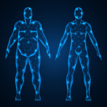 From obesity to a healthy body. Two digital human silhouettes demonstrating the contrast between obesity and a healthy physique. Body condition analysis and weight control.