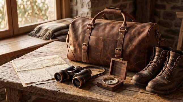 Leather travel bag and vintage adventure equipment on rustic wooden table with binoculars compass map and boots for luxury weekend getaway exploration