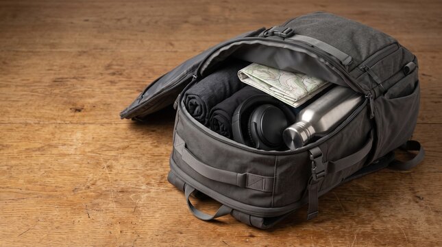 Open travel backpack with packed clothes map headphones and water bottle on wooden floor for adventure planning and minimalist travel concept