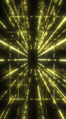 Fototapeta premium Dynamic bright yellow light rays travel through a deep dark digital tunnel space creating a fast motion effect in a futuristic abstract virtual environment