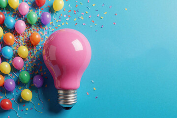 Fototapeta premium Pink light bulb and colorful balloons float against blue backdrop with confetti. Symbolizes bright ideas, celebration, and new beginnings. Represents creativity, party, and success.