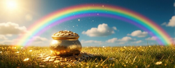 Fototapeta premium Golden pot filled with coins sits on green grass under bright rainbow. Magical treasure stays at end of rainbow in sunny sky with clouds. Lucky gold coins shine in meadow. Fantasy concept for wealth