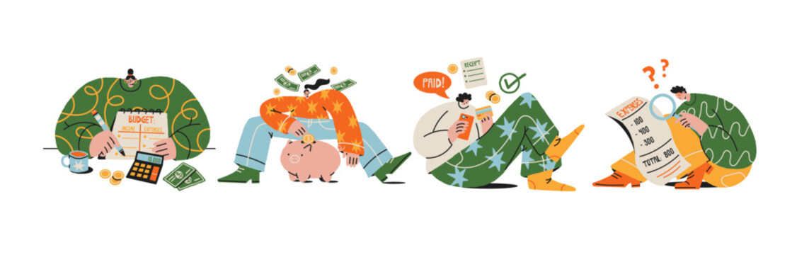 Personal finance and budgeting characters for saving money, paying bills, calculating expenses, managing income and spending, colorful people illustrating money management, financial planning mascots