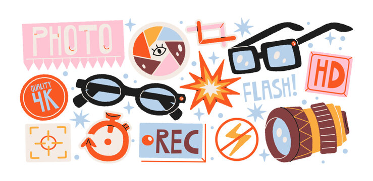 Camera glasses for recording photos and videos with lenses, flash, HD and 4K quality symbols, retro cartoon style. Wearable technology for hands-free photography, filming and ugc life content creation