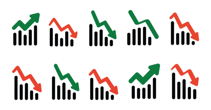 Graph chart icon, growth, increase, decrease and up down arrow symbols for business analytics, financial reports, statistics and data visualization.