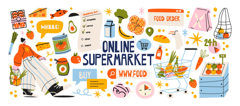 Online supermarket grocery shopping and food delivery, fresh fruits, vegetables, bread, cheese, milk and shopping cart, retro cartoon style. Digital grocery ordering, ecommerce food store 