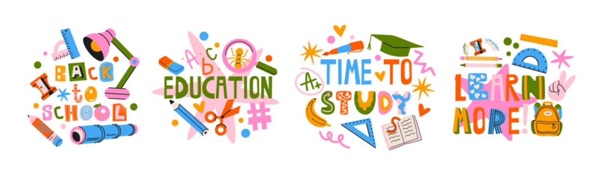 Back to school cartoon stickers with education and business elements, books, laptop, globe, brain, strategy, technology and career symbols, colorful retro doodle style for learning, work and future