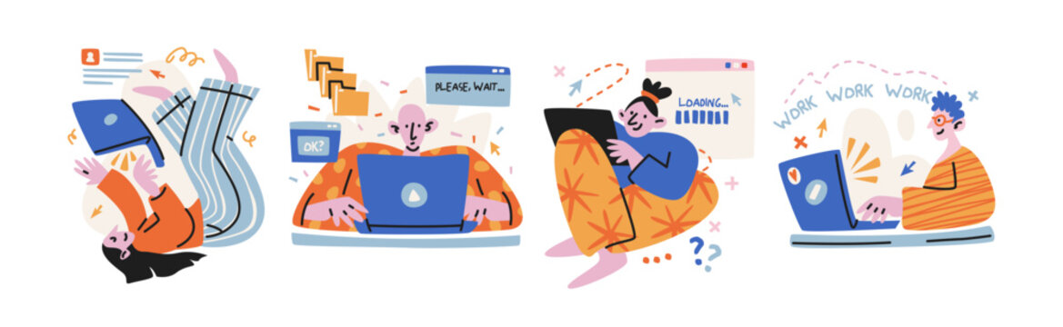 Remote work and freelance people working on laptops, digital communication, online collaboration, home office tasks and computer projects, colorful business characters and branding mascots