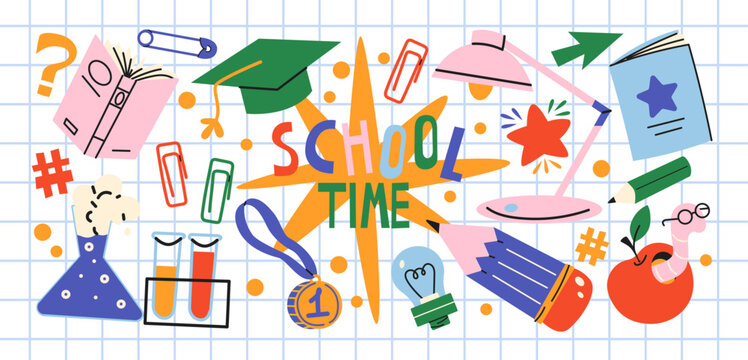 Back to school educational banner for students with school days lettering, pencils, ruler, paper plane and classroom symbols, colorful cartoon style for learning, first day and academic motivation