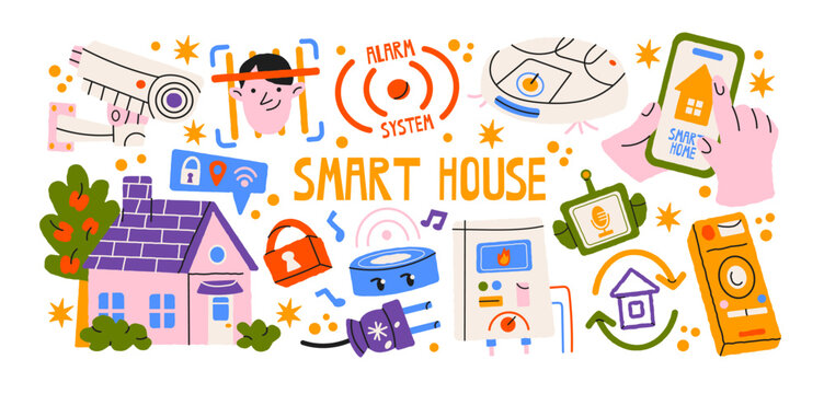 Smart home technology with connected devices, security system, home automation, sensors and mobile control, retro cartoon style. Modern digital living and intelligent home concept