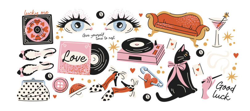 Vintage French 90s stickers with retro furniture, vinyl records, cat, high heels, cocktail, love lettering and antique objects, nostalgic cartoon style for vintage fashion, decor and retro branding