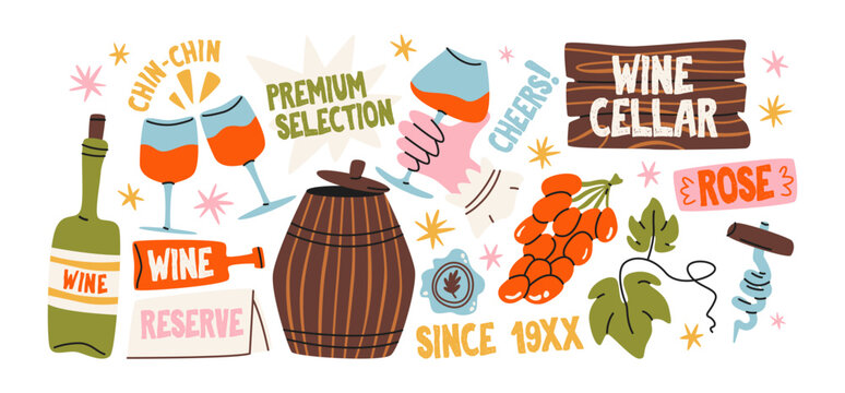 Wine and winery concept stickers with bottles, glasses, grapes, barrel and wine cellar lettering, retro cartoon style for vineyard branding, wine shop packaging, restaurant menus, winery labels 