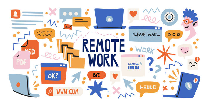 Remote work and digital communication with laptops, messages, files and online tools, cartoon style. Modern workplace for freelancers, employees and home office professionals. Technology and business 