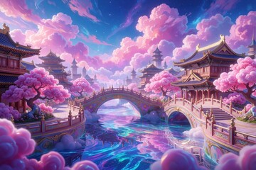 Fototapeta premium Fantasy digital art shows magical oriental city with pink cherry blossom trees. Ornate traditional pagodas, arched bridges sit among colorful clouds. Dreamy landscape features glowing river under