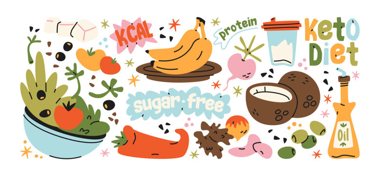 Keto diet stickers with healthy food, salad, avocado, banana, coconut, vegetables, protein and sugar free products in colorful retro cartoon style. Low carb nutrition, healthy eating and weight loss