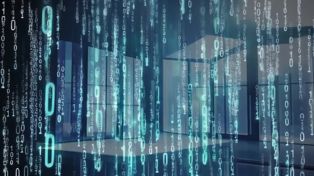 Digital Data Flow Binary Code Stream Falling Over Abstract Server Racks