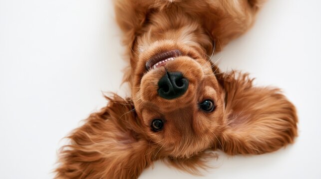 Happy brown spaniel puppy lying on back smiling with tail wagging for advertising pet food or veterinary clinics.
