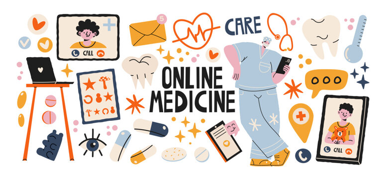 Online medicine and health check stickers with doctor, medical devices, telemedicine, consultation, diagnosis, pills, microscope, DNA and digital healthcare symbols. Modern healthcare concept 