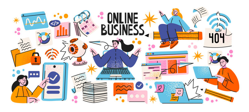 Online business and digital work with laptops, smartphones, charts, communication tools and remote employees. Modern commercial technology for entrepreneurs, startups and professional online services.