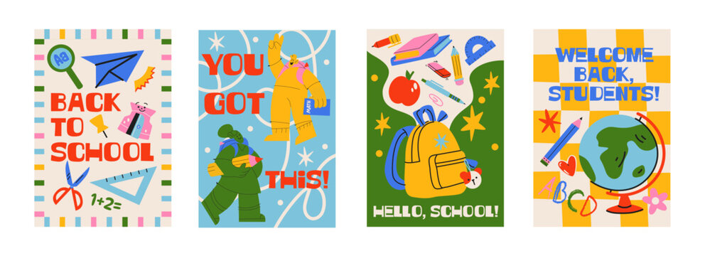 Back to school posters for students and education, colorful cards with backpacks, books, pencils, globe and school supplies, retro cartoon style, classroom decor, welcome messages and academic 