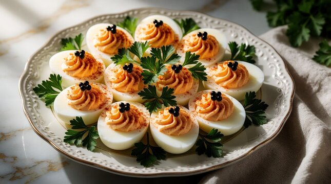 Plate of deviled eggs topped with orange filling, paprika, parsley, and caviar. Simple home cooking dish presented elegantly, perfect for parties, holidays, and family meals.