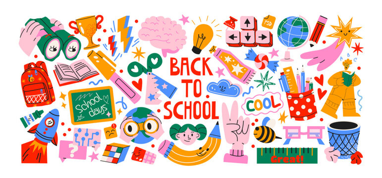 Back to school cartoon stickers with education and business elements, books, laptop, globe, brain, strategy, technology and career symbols, colorful retro doodle style for learning, work and future