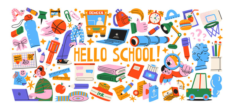 Back to school cartoon stickers with education and business elements, books, laptop, globe, brain, strategy, technology and career symbols, colorful retro doodle style for learning, work and future