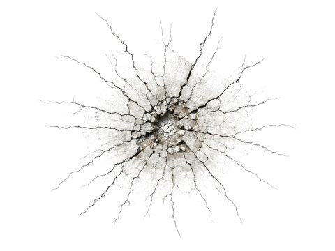 Ground crack impact crater element with radiating fractures isolated on transparent background