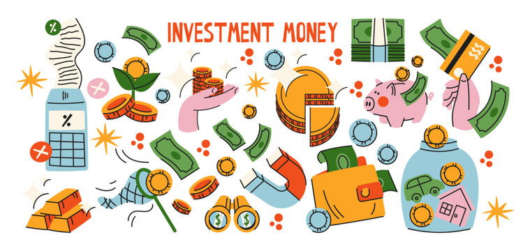 Investment money and personal finance concept with cash, coins, piggy bank, calculator, wallet, savings and property, retro cartoon style for banking, budgeting, wealth financial management 