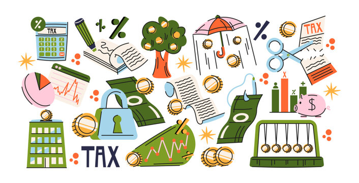 Tax and finance stickers with calculator, money, coins, documents, charts, percentages and accounting symbols in colorful retro cartoon style. Business finance, taxation and financial planning concept