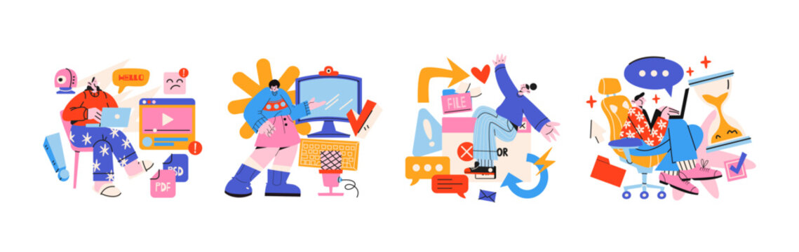 Business technology characters  for digital work, remote communication, online collaboration, file management, ecommerce and customer service, colorful cartoon people for branding, websites and market