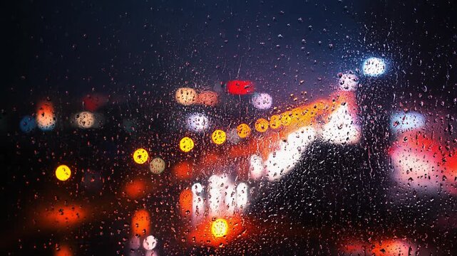 Rainy Night City Bokeh Lights Through Wet Window, Abstract Blur
