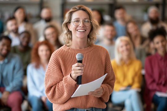 Human Resources Specialist Leads Orientation for New Employees in Modern Office Setting
