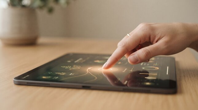 Close-up of hand touching tablet screen on wooden table