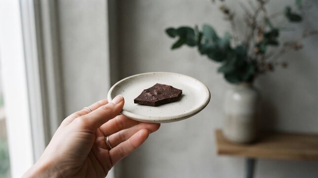 Close-up of hand holding ceramic saucer with chocolate dessert