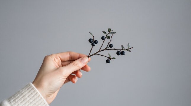 Close-up of hand holding winter berries and twigs for seasonal decor