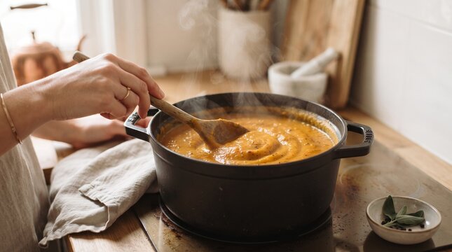 Person stirring pumpkin soup in a black pot on stove