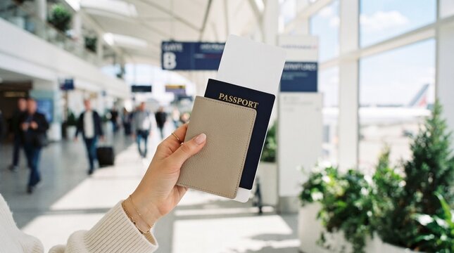 Travelers Holding Passport and Boarding Pass at Airport Check-in