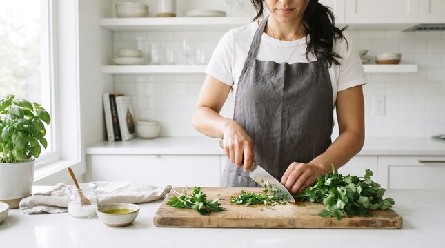 Woman chopping fresh herbs on wooden cutting board in kitchen